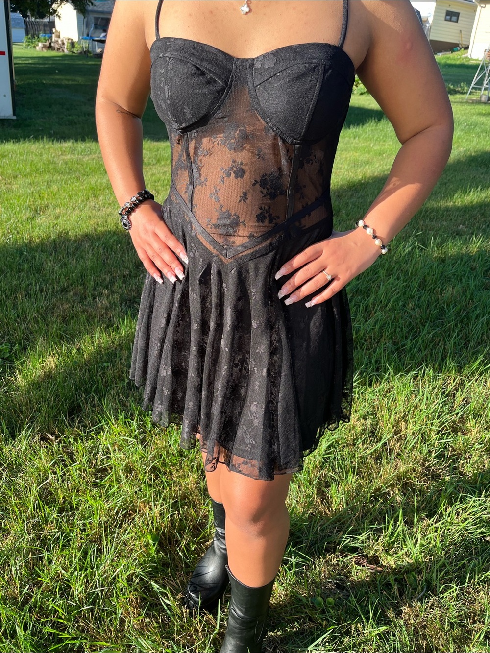 Black Lace Mesh Bustier Mini Dress